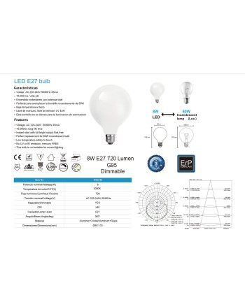 BOMBILLA LED OPAL G95 - E27 – 8W - 3000K  DIMABLE